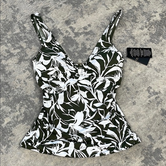 NWT Lauren Ralph Lauren Floral Shirred Ring Front Tankini Top Swim Green Sz 6 - Picture 4 of 14